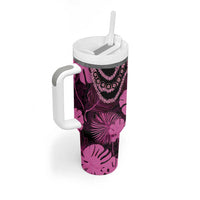 Pink Hawaii Kukui Nut Lei Tumbler With Handle Hawaiian Pattern Monstera Tropical Vibes - Polynesian Pride