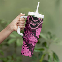 Pink Hawaii Kukui Nut Lei Tumbler With Handle Hawaiian Pattern Monstera Tropical Vibes - Polynesian Pride
