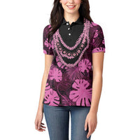 Pink Hawaii Kukui Nut Lei Women Polo Shirt Hawaiian Pattern Monstera Tropical Vibes - Polynesian Pride