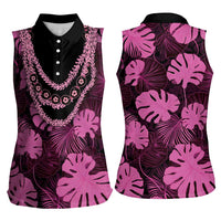Pink Hawaii Kukui Nut Lei Women Sleeveless Polo Shirt Hawaiian Pattern Monstera Tropical Vibes - Polynesian Pride