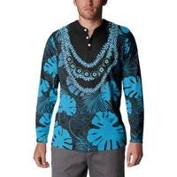 Blue Hawaii Kukui Nut Lei Button Sweatshirt Hawaiian Pattern Monstera Tropical Vibes - Polynesian Pride