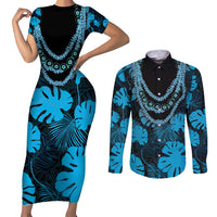 Blue Hawaii Kukui Nut Lei Couples Matching Short Sleeve Bodycon Dress and Long Sleeve Button Shirt Hawaiian Pattern Monstera Tropical Vibes - Polynesian Pride