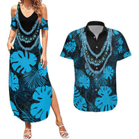 Blue Hawaii Kukui Nut Lei Couples Matching Summer Maxi Dress and Hawaiian Shirt Hawaiian Pattern Monstera Tropical Vibes - Polynesian Pride