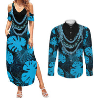 Blue Hawaii Kukui Nut Lei Couples Matching Summer Maxi Dress and Long Sleeve Button Shirt Hawaiian Pattern Monstera Tropical Vibes LT14 Blue - Polynesian Pride