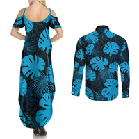 Blue Hawaii Kukui Nut Lei Couples Matching Summer Maxi Dress and Long Sleeve Button Shirt Hawaiian Pattern Monstera Tropical Vibes - Polynesian Pride