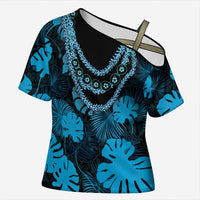 Blue Hawaii Kukui Nut Lei Cross Shoulder Shirt Hawaiian Pattern Monstera Tropical Vibes LT14 Female Blue - Polynesian Pride
