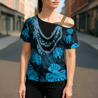 Blue Hawaii Kukui Nut Lei Cross Shoulder Shirt Hawaiian Pattern Monstera Tropical Vibes LT14 - Polynesian Pride