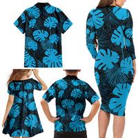 Blue Hawaii Kukui Nut Lei Family Matching Long Sleeve Bodycon Dress and Hawaiian Shirt Hawaiian Pattern Monstera Tropical Vibes - Polynesian Pride