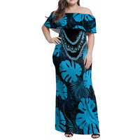 Blue Hawaii Kukui Nut Lei Family Matching Off Shoulder Maxi Dress and Hawaiian Shirt Hawaiian Pattern Monstera Tropical Vibes - Polynesian Pride