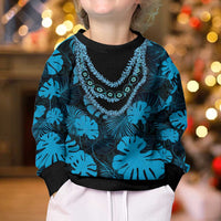 Blue Hawaii Kukui Nut Lei Kid Ugly Christmas Sweater Hawaiian Pattern Monstera Tropical Vibes - Polynesian Pride