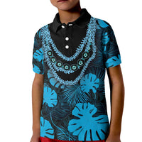 Blue Hawaii Kukui Nut Lei Kid Polo Shirt Hawaiian Pattern Monstera Tropical Vibes - Polynesian Pride