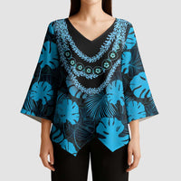 Blue Hawaii Kukui Nut Lei Kimono Sleeve Blouse Hawaiian Pattern Monstera Tropical Vibes - Polynesian Pride