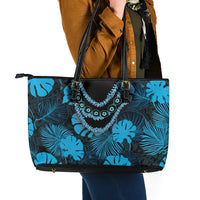 Blue Hawaii Kukui Nut Lei Leather Tote Bag Hawaiian Pattern Monstera Tropical Vibes - Polynesian Pride
