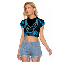 Blue Hawaii Kukui Nut Lei Raglan Cropped T Shirt Hawaiian Pattern Monstera Tropical Vibes LT14 Female Blue - Polynesian Pride