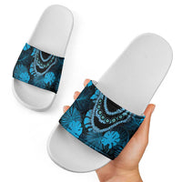 Blue Hawaii Kukui Nut Lei Slide Sandals Hawaiian Pattern Monstera Tropical Vibes - Polynesian Pride