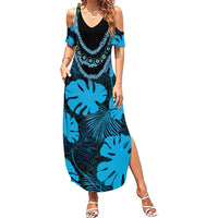 Blue Hawaii Kukui Nut Lei Summer Maxi Dress Hawaiian Pattern Monstera Tropical Vibes - Polynesian Pride