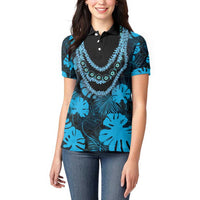Blue Hawaii Kukui Nut Lei Women Polo Shirt Hawaiian Pattern Monstera Tropical Vibes - Polynesian Pride