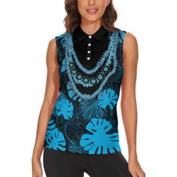 Blue Hawaii Kukui Nut Lei Women Sleeveless Polo Shirt Hawaiian Pattern Monstera Tropical Vibes - Polynesian Pride