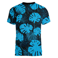 Blue Hawaii Kukui Nut Lei Women V-Neck T-Shirt Hawaiian Pattern Monstera Tropical Vibes - Polynesian Pride
