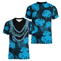 Blue Hawaii Kukui Nut Lei Women V-Neck T-Shirt Hawaiian Pattern Monstera Tropical Vibes - Polynesian Pride