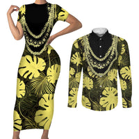 Yellow Hawaii Kukui Nut Lei Couples Matching Short Sleeve Bodycon Dress and Long Sleeve Button Shirt Hawaiian Pattern Monstera Tropical Vibes - Polynesian Pride
