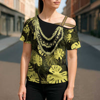 Yellow Hawaii Kukui Nut Lei Cross Shoulder Shirt Hawaiian Pattern Monstera Tropical Vibes LT14 - Polynesian Pride