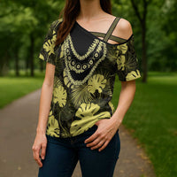 Yellow Hawaii Kukui Nut Lei Cross Shoulder Shirt Hawaiian Pattern Monstera Tropical Vibes LT14 - Polynesian Pride