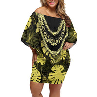 Yellow Hawaii Kukui Nut Lei Off Shoulder Short Dress Hawaiian Pattern Monstera Tropical Vibes - Polynesian Pride