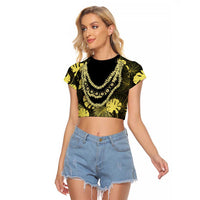 Yellow Hawaii Kukui Nut Lei Raglan Cropped T Shirt Hawaiian Pattern Monstera Tropical Vibes - Polynesian Pride