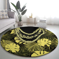 Yellow Hawaii Kukui Nut Lei Round Carpet Hawaiian Pattern Monstera Tropical Vibes - Polynesian Pride