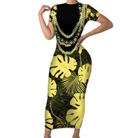Yellow Hawaii Kukui Nut Lei Short Sleeve Bodycon Dress Hawaiian Pattern Monstera Tropical Vibes - Polynesian Pride