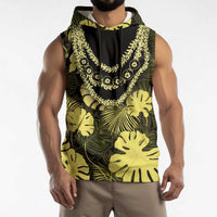 Yellow Hawaii Kukui Nut Lei Sleeveless Hoodie Hawaiian Pattern Monstera Tropical Vibes - Polynesian Pride