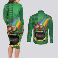 Hawaii Saint Patrick's Day Couples Matching Long Sleeve Bodycon Dress and Long Sleeve Button Shirt Funny Leprechaun With Pot Of Gold - Polynesian Tattoo LT14 - Polynesian Pride