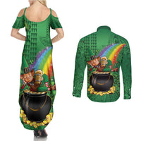 Hawaii Saint Patrick's Day Couples Matching Summer Maxi Dress and Long Sleeve Button Shirt Funny Leprechaun With Pot Of Gold - Polynesian Tattoo