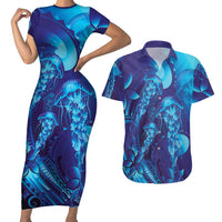 Purple Paradise Polynesia Jellyfish Couples Matching Short Sleeve Bodycon Dress and Hawaiian Shirt Plumeria Polynesian Tattoo Glowing Vibes