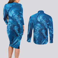 Blue Gradient Polynesia Jellyfish Couples Matching Long Sleeve Bodycon Dress and Long Sleeve Button Shirt Plumeria Polynesian Tattoo Glowing Vibes