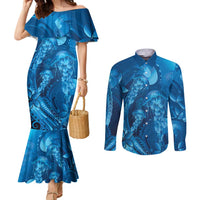 Blue Gradient Polynesia Jellyfish Couples Matching Mermaid Dress and Long Sleeve Button Shirt Plumeria Polynesian Tattoo Glowing Vibes