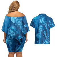 Blue Gradient Polynesia Jellyfish Couples Matching Off Shoulder Short Dress and Hawaiian Shirt Plumeria Polynesian Tattoo Glowing Vibes