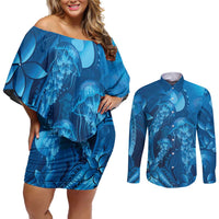 Blue Gradient Polynesia Jellyfish Couples Matching Off Shoulder Short Dress and Long Sleeve Button Shirt Plumeria Polynesian Tattoo Glowing Vibes