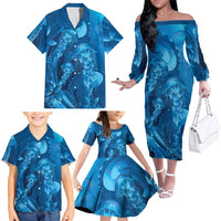 Blue Gradient Polynesia Jellyfish Family Matching Off The Shoulder Long Sleeve Dress and Hawaiian Shirt Plumeria Polynesian Tattoo Glowing Vibes LT14 - Polynesian Pride