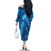 Blue Gradient Polynesia Jellyfish Family Matching Off The Shoulder Long Sleeve Dress and Hawaiian Shirt Plumeria Polynesian Tattoo Glowing Vibes LT14 - Polynesian Pride