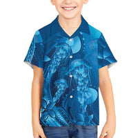Blue Gradient Polynesia Jellyfish Family Matching Off The Shoulder Long Sleeve Dress and Hawaiian Shirt Plumeria Polynesian Tattoo Glowing Vibes LT14 Son's Shirt Blue - Polynesian Pride