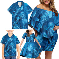 Blue Gradient Polynesia Jellyfish Family Matching Off Shoulder Short Dress and Hawaiian Shirt Plumeria Polynesian Tattoo Glowing Vibes