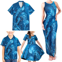 Blue Gradient Polynesia Jellyfish Family Matching Tank Maxi Dress and Hawaiian Shirt Plumeria Polynesian Tattoo Glowing Vibes