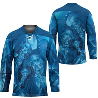 Blue Gradient Polynesia Jellyfish Hockey Jersey Plumeria Polynesian Tattoo Glowing Vibes