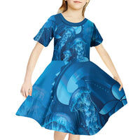 Blue Gradient Polynesia Jellyfish Kid Short Sleeve Dress Plumeria Polynesian Tattoo Glowing Vibes LT14 - Polynesian Pride