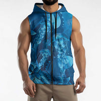 Blue Gradient Polynesia Jellyfish Sleeveless Zip Hoodie Plumeria Polynesian Tattoo Glowing Vibes