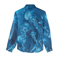 Blue Gradient Polynesia Jellyfish Women Casual Shirt Plumeria Polynesian Tattoo Glowing Vibes