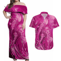 Pink Gradient Polynesia Jellyfish Couples Matching Off Shoulder Maxi Dress and Hawaiian Shirt Plumeria Polynesian Tattoo Glowing Vibes