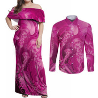 Pink Gradient Polynesia Jellyfish Couples Matching Off Shoulder Maxi Dress and Long Sleeve Button Shirt Plumeria Polynesian Tattoo Glowing Vibes